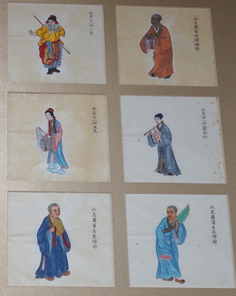 Chinese School, fifteen gouache and watercolour on pith paper, Studies of deities and priests, signed, 12 x 13cm, framed as two